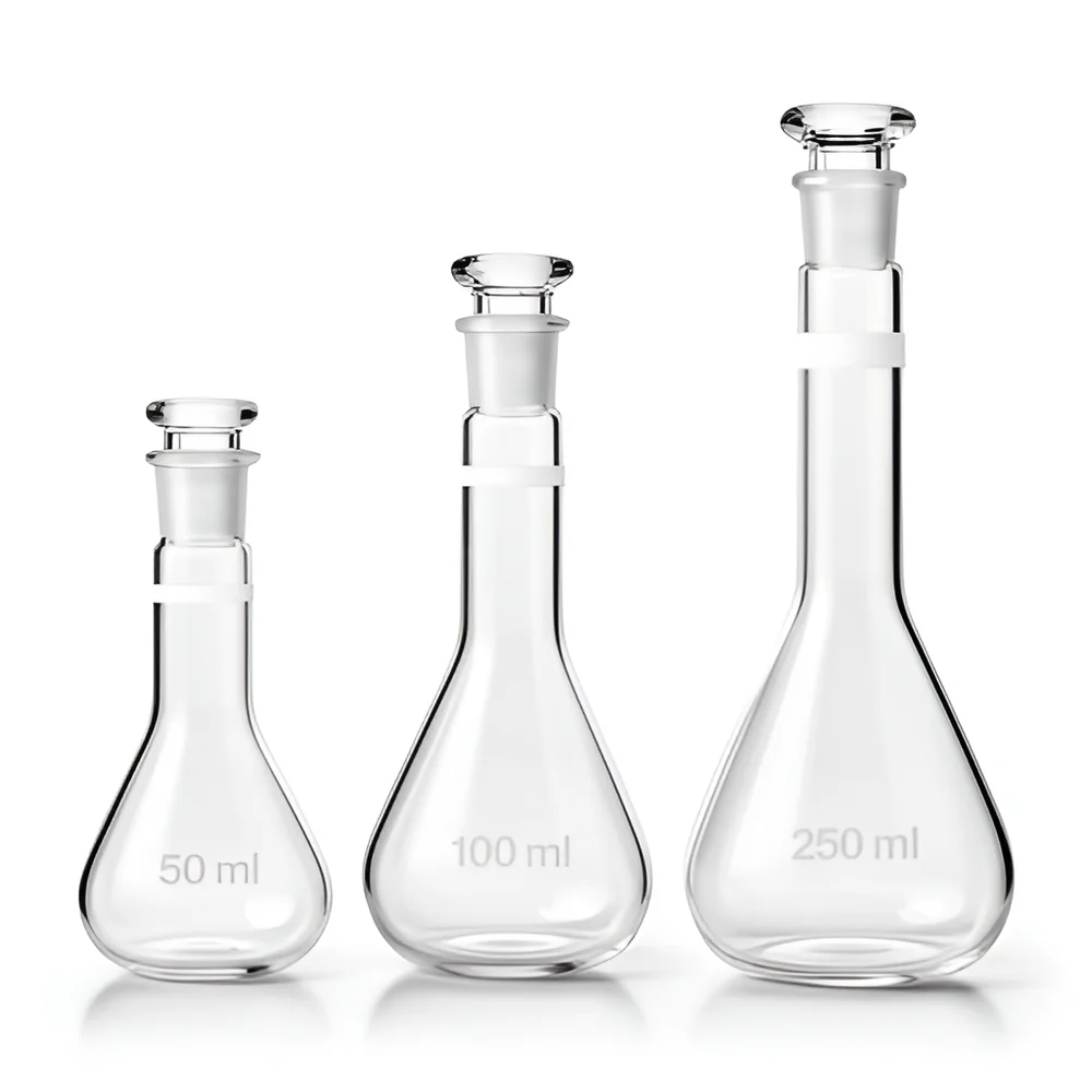 Set of 3 volumetric flasks with stoppers, 50, 100 and 250 ml