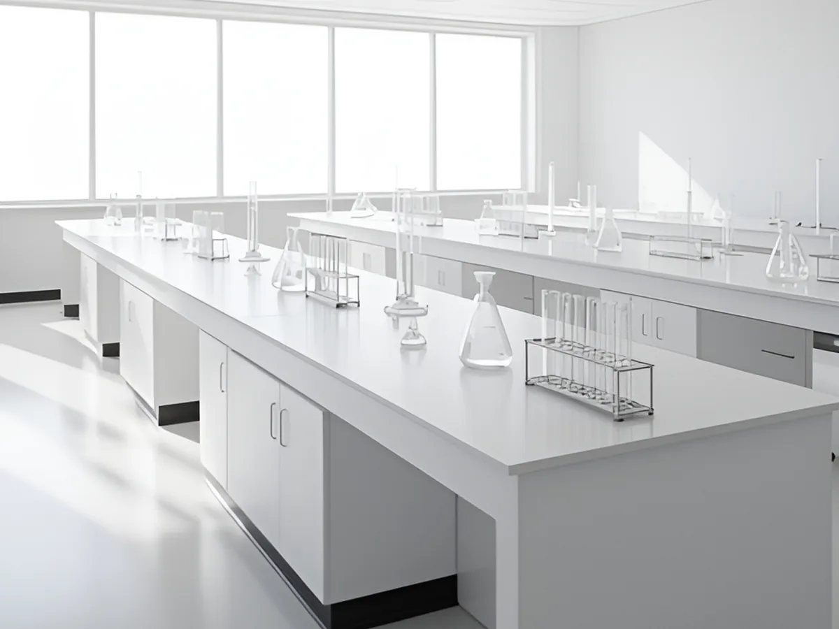 Puestos de prácticas de un laboratorio escolar equipados con cristalería