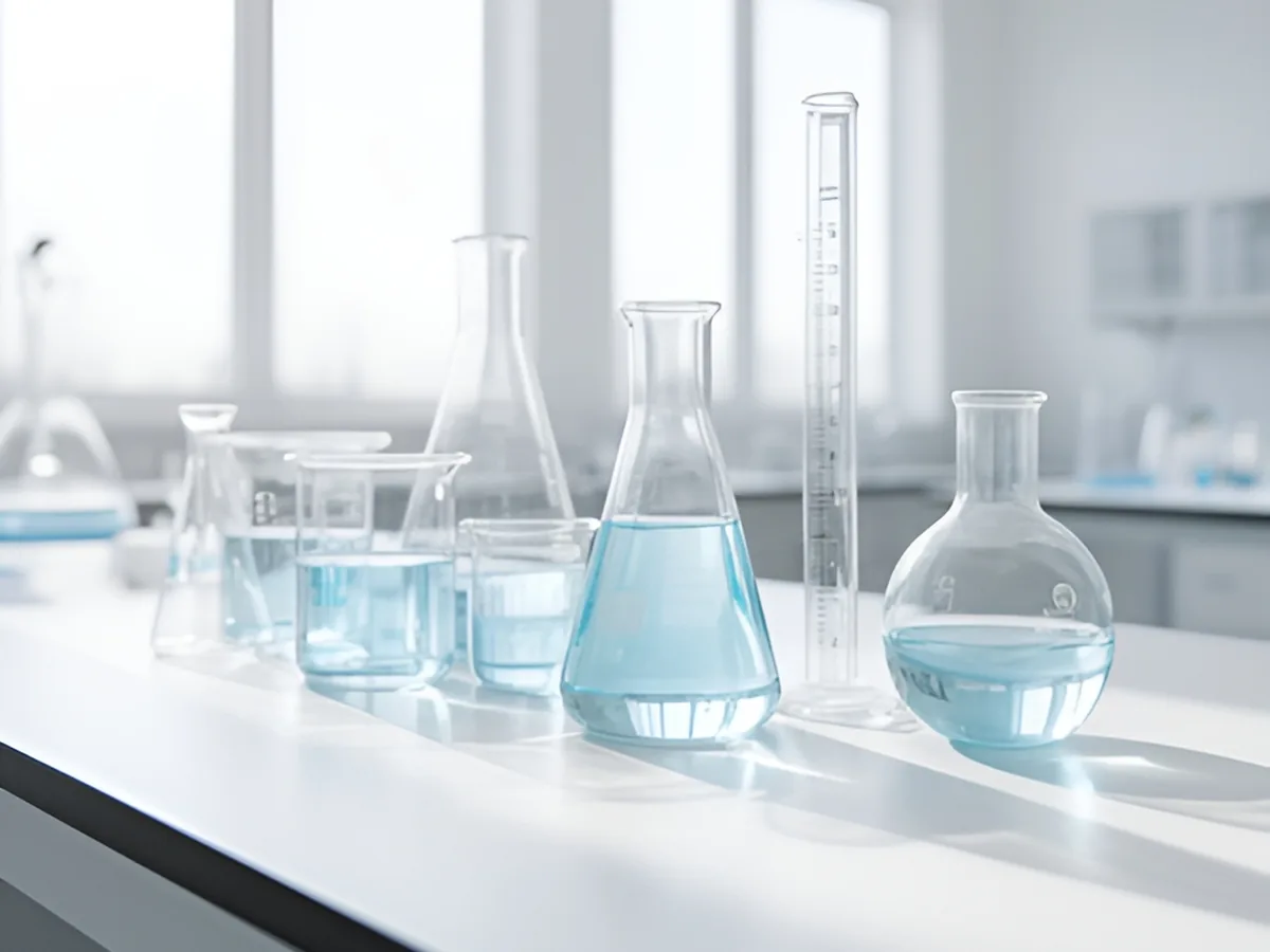 Cristalería de laboratorio de borosilicato sobre una mesa de trabajo